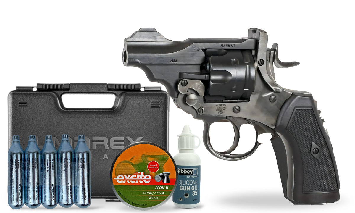 kit-premium Webley MK VI 2.5in .177 CO2 Pellet Revolver - Aged Finish Premium Combo