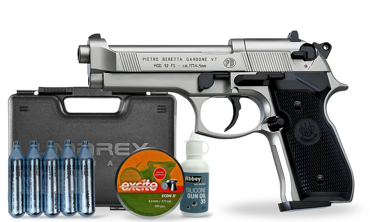 kit-premium Beretta M92 FS Custom Nickel Pellet Air Pistol Premium Combo