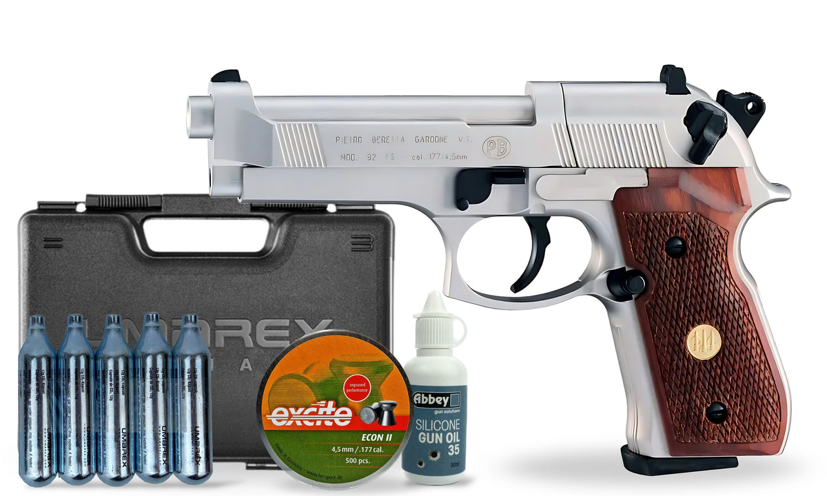 kit-premium Beretta M92 FS Nickel Wood .177 Pellet Air Pistol Premium Combo