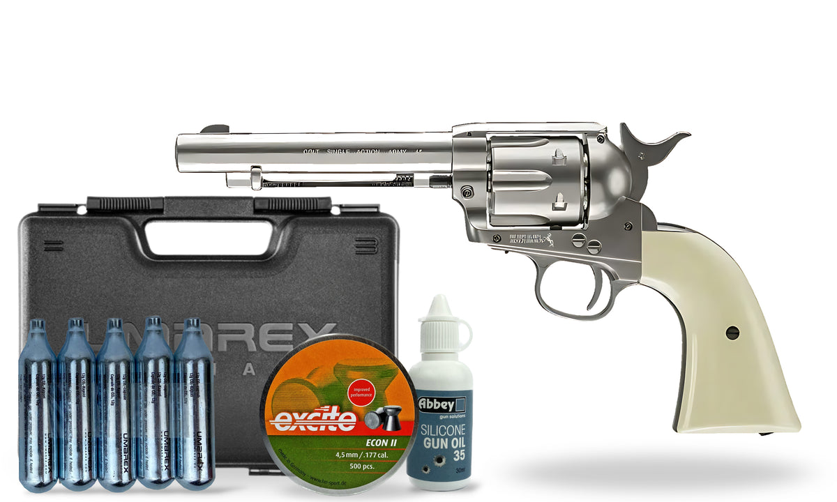 kit-premium Umarex Colt Peacemaker (SAA) .177 pellet Air Pistol - Nickel Finish Premium Combo