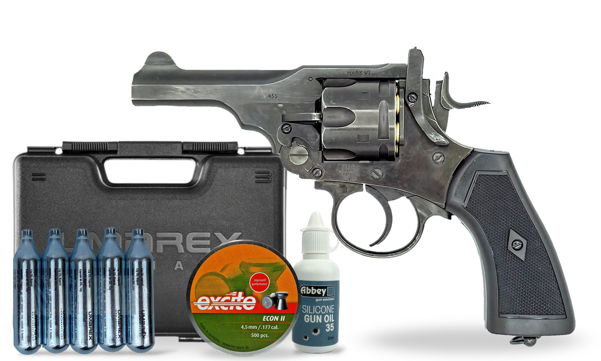 kit-premium Webley MK VI 4in .177 Pellet Revolver - Battlefield Finish Premium Combo
